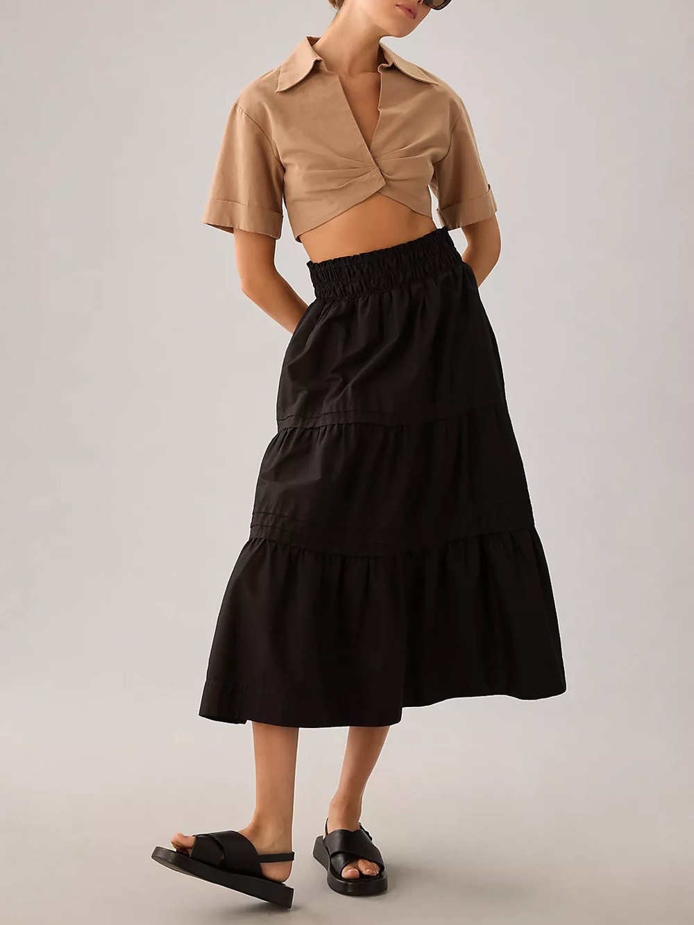Anthropologie Black Tiered Midi Skirt
